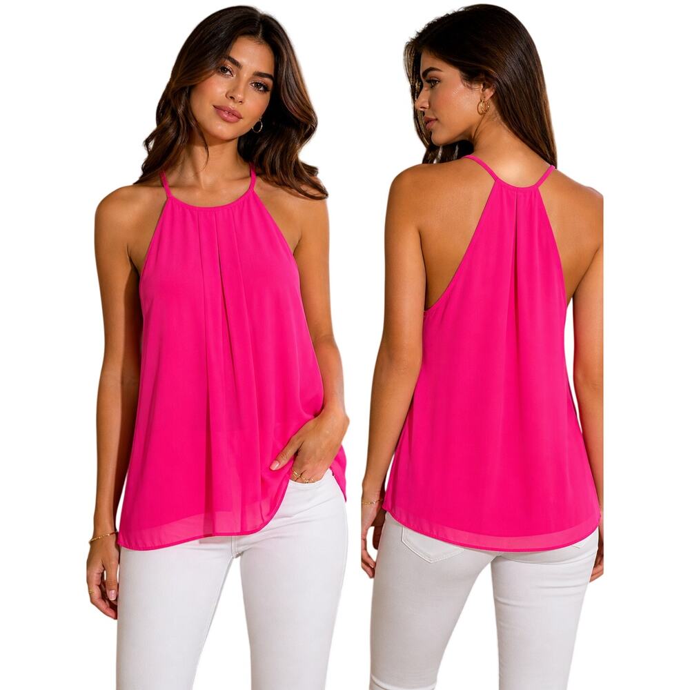 Noroh Pink Halter Blouse Womens M Sleeveless Flowy Pleated Top